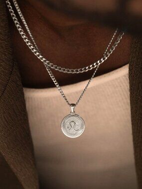 Men's Silver Leo Pendant Necklace Set